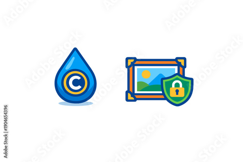 Water droplet symbol and a protected picture frame representing copyright and digital security in the creative field