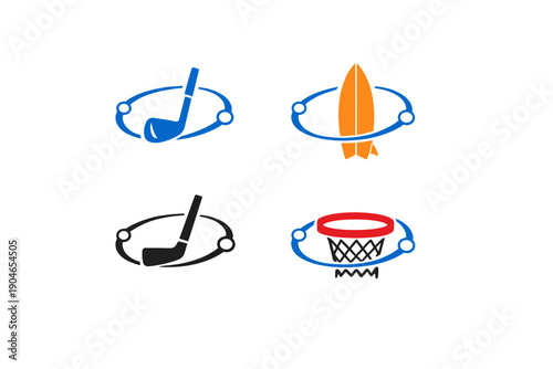 Different sports symbols including golf club, surfboard, hockey stick, and basketball hoop with rings around them representing various activities