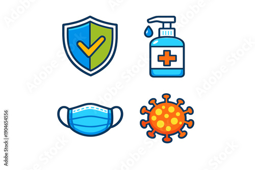 Symbols of health and safety practices during the pandemic featuring hand sanitizer, face mask, virus image, and shield