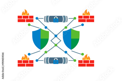 Network security model showing shields, locks, firewalls, and connections in a digital design during a technology discussion