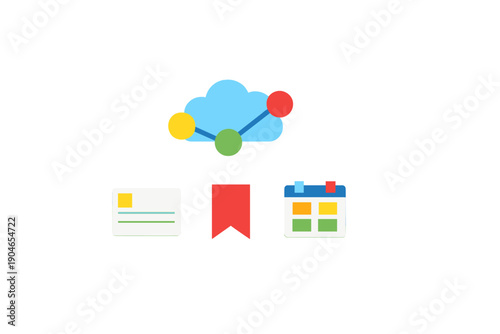 Cloud storage service showing data management tools with charts, calendars, and cards for organizing tasks and information in a simple visual display