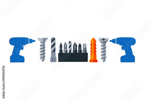 Collection of tools and screws arranged in a line on a plain background during a home improvement project