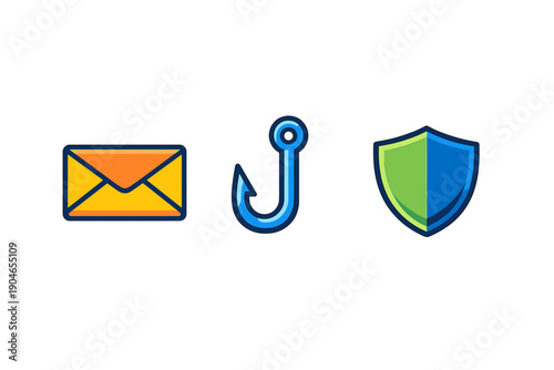 Graphic design showing an envelope, a fishing hook, and a shield, representing email security and protection from phishing attacks in digital communication