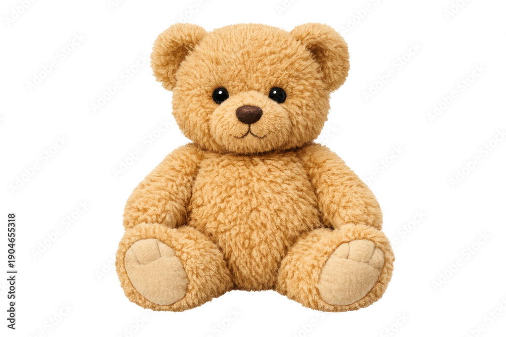 Fototapeta premium Teddy bear plush toy sitting, a soft brown stuffed animal on a transparent alpha channel background