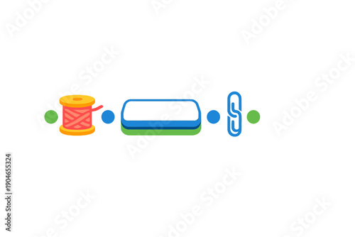 Crafting tools are shown including a spool of thread, an eraser, and a paperclip used for various activities in a creative space during daytime