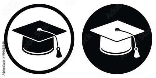 Graduation mortarboard cap vector icon. Academic achievement and education symbol for university, college, and school success. Black and white circular graphic for degree and student concepts.
