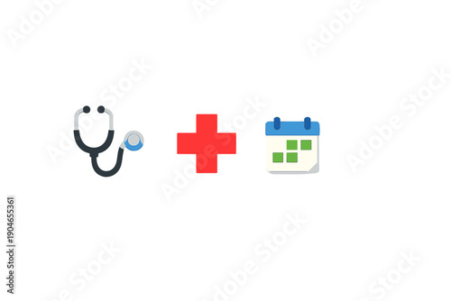 Modern healthcare tools show a stethoscope, a cross symbol, and a calendar for scheduling medical appointments in a digital format