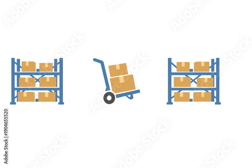 Boxes stored on shelves with a cart ready for transport in a warehouse setting during daytime