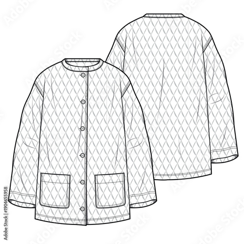 Quilted oversized jacket flat drawing vector design mockup template.