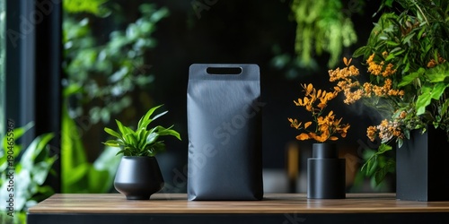 Dark grey paper bag sits amongst potted greenery.