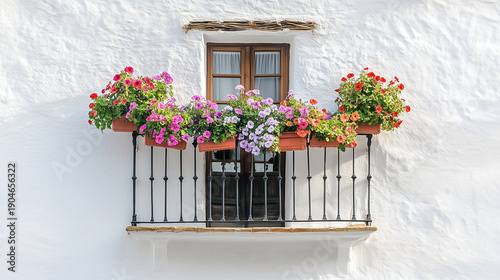 Traditional Andalusian balcony with colorful flower pots and whitewashed wall, capturing authentic Spanish architecture and Mediterranean lifestyle.