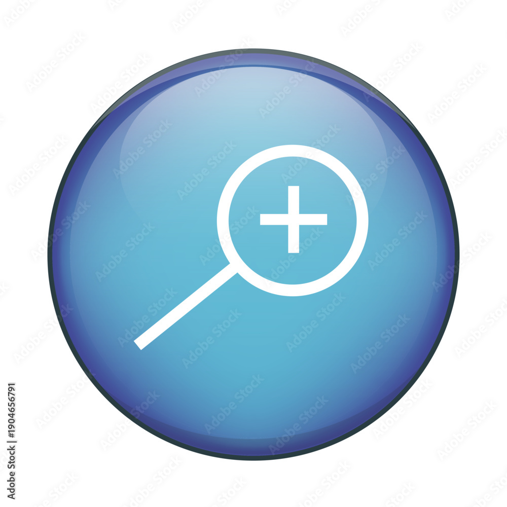 Fototapeta premium Magnifying glass symbol. Zoom function icon. Search tool Vector element. Blue glossy button.