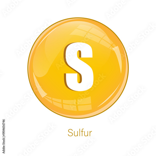 Sulfur element icon. S symbol text. Yellow sphere Vector. Round glossy button.