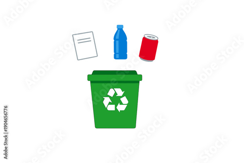Recycling bin with various items above it showing the importance of waste separation in daily life