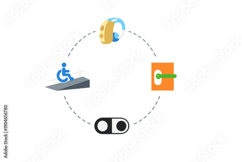 Various tools and symbols used in accessibility and assistive technology for people with disabilities in a circular layout