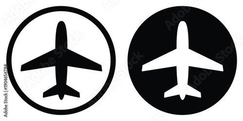 Commercial airplane silhouette in circular frame. Aviation and travel icon set for airport signage, flight booking apps, and global transportation logistics in black and white styles.
