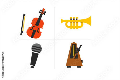 Musical instruments are arranged in a grid format showing a violin, trumpet, microphone, and metronome with simple designs and bright colors
