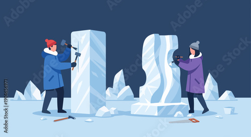 Winter ice sculpture scene with two people observing tall ice blocks in a chilly snowy landscape.