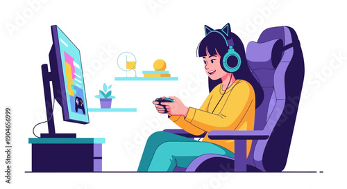Colorful illustration of a person gaming at a desk with headphones in a cozy home setup.
