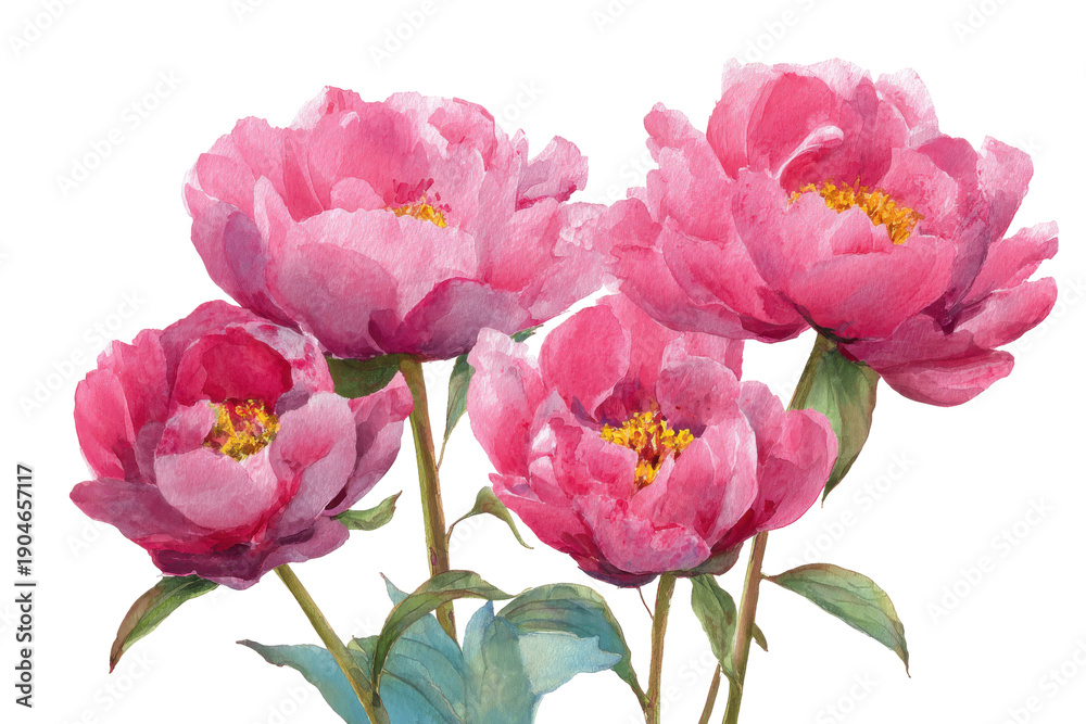 Obraz premium Pink peony flowers isolated on transparent background. Pink peonies watercolor botanical illustration art bouquet isolated on white background.