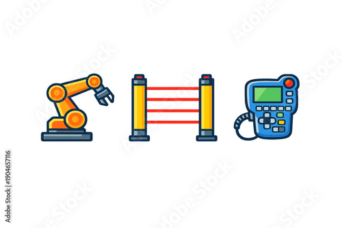 Modern technology shows a robotic arm, a barrier with red lines, and a control panel in an industrial setting