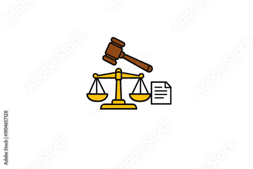 Legal symbols show scales of justice with a gavel and document on a plain background representing the justice system and its components