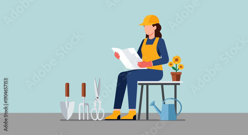 Engineer wearing a hard hat studies plans beside laboratory tools and a potted plant.