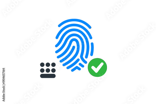 Fingerprint identification is shown with a green check mark indicating success in verification and a series of circles representing a keypad