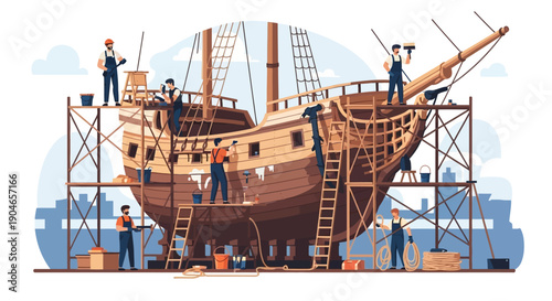 Historic wooden sailing ship under construction in a bustling dockyard with carpenters.