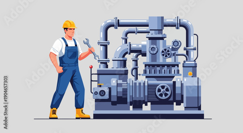 Industrial worker beside large industrial machinery in a factory setting.