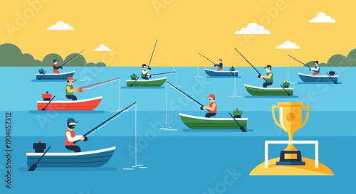 Vibrant multi boat racing on bright water with trophy ceremony amid paddlers.