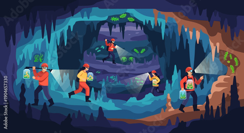 Colorful cave explorers trek through illuminated underground cavern with torches and gear.