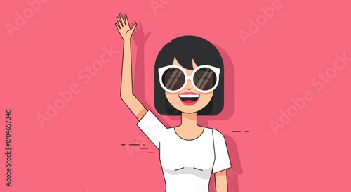 Cheerful cartoon girl waving in pink background with sunglasses.