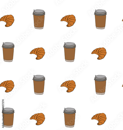 Seamless texture from coffee cups, croissants, Cafe seamless pattern. hand drawn illustration. Vector graphic line ink colored art. for package, holiday design, fabric and textile.