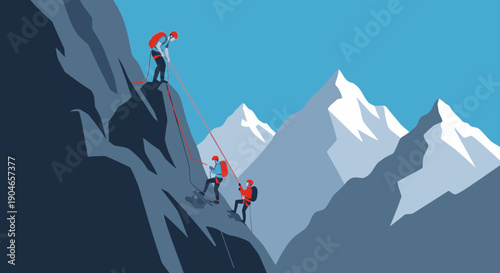 Climbers Scale a Steep Cliff Amid Snowy Peaks Under a Bright Blue Sky.