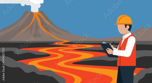 Engineer in Safety Gear Inspects Active Volcano and Flowing Lava.