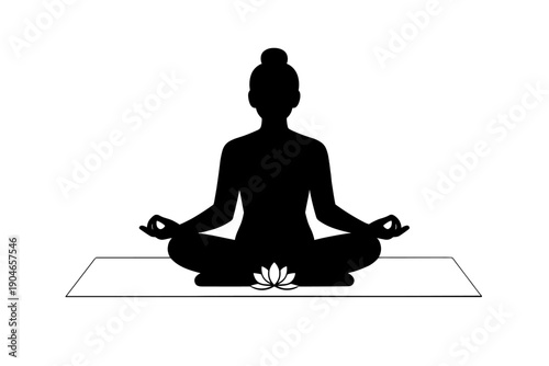 Silhouette of a person meditating on a mat with a lotus flower symbol, focused on achieving inner peace and mindfulness in a quiet setting during the day