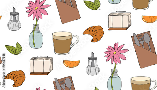 Cafe seamless pattern. hand drawn illustration. Vector graphic line ink colored art. Cute background with bizarre pottery objects. Wallpaper, wrapping paper, textile design
