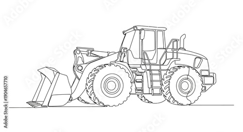 Detailed line drawing of a heavy-duty wheel loader with a large bucket, showcasing its mechanical components and robust design.
