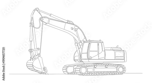Line drawing illustration of a heavy-duty tracked excavator with a long boom and bucket, presented in a clean, minimalist style against a white background.