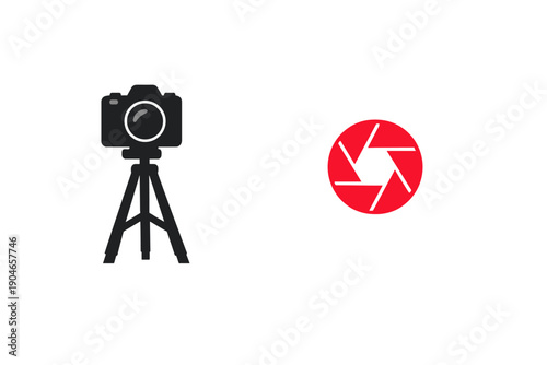 Camera and logo on a white background, showing the connection between photography and visual storytelling