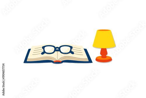 Open book with glasses next to a yellow lamp on a plain background during a study session in a home environment