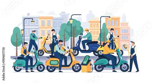 Busy urban street scene with multiple scooters and cyclists.