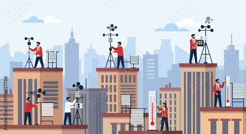 Urban construction workers on high-rise rooftops amid a busy city skyline.
