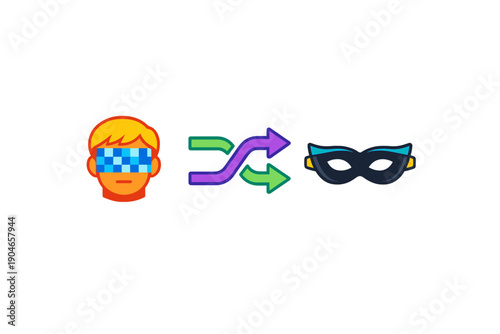 Person with blindfold and colorful arrows showing change, followed by a black mask symbolizing mystery or disguise in a simple graphic design
