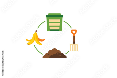 Composting process with bananas, a compost bin, soil, and a gardening tool shown in a circular design in a simple style