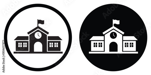 Educational school building icon with clock and flag in circle. Academic institution symbol for university, campus, and primary education facility signage.