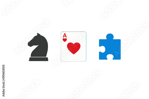 Chess piece, playing card, and puzzle piece are arranged in a row to show different games and activities people enjoy together