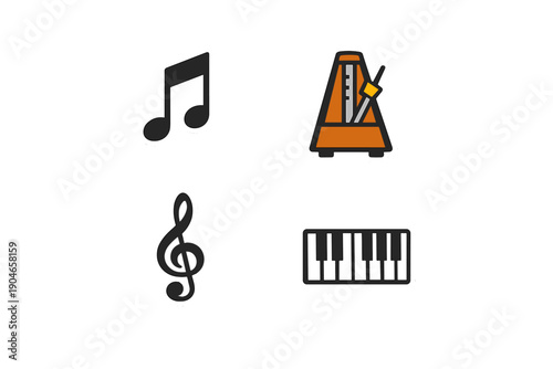 Music symbols and tools used for songwriting and performance, showcasing notes, a metronome, and a keyboard layout