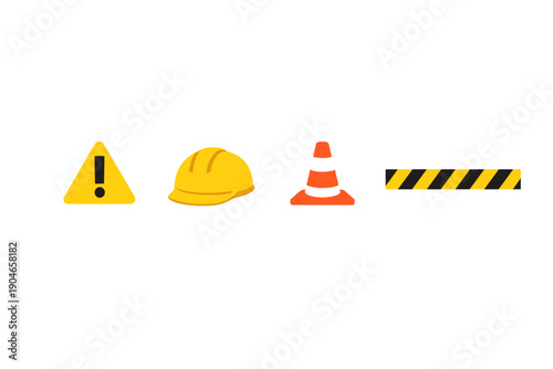 Safety signs and equipment used in construction projects for caution and awareness at work sites in urban areas during daytime